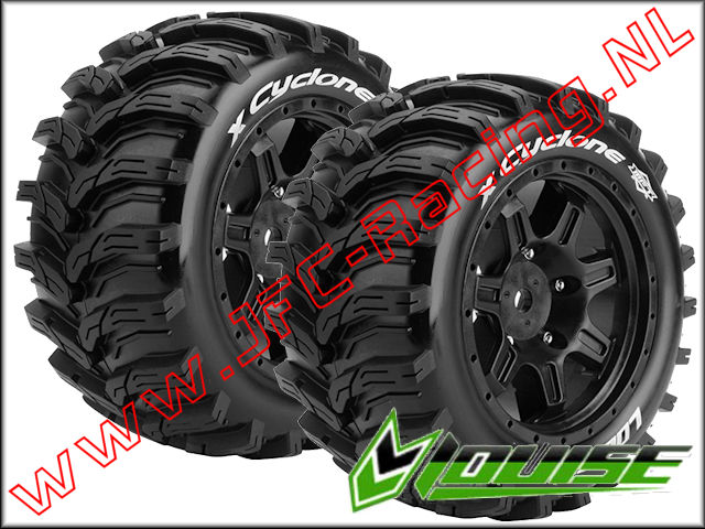 LR-T3298B, Louise RC X-Cyclone MFT Monster Tires Mounted Black Rims (Sport)(Front / Rear)(215 x 100mm) 2pcs.